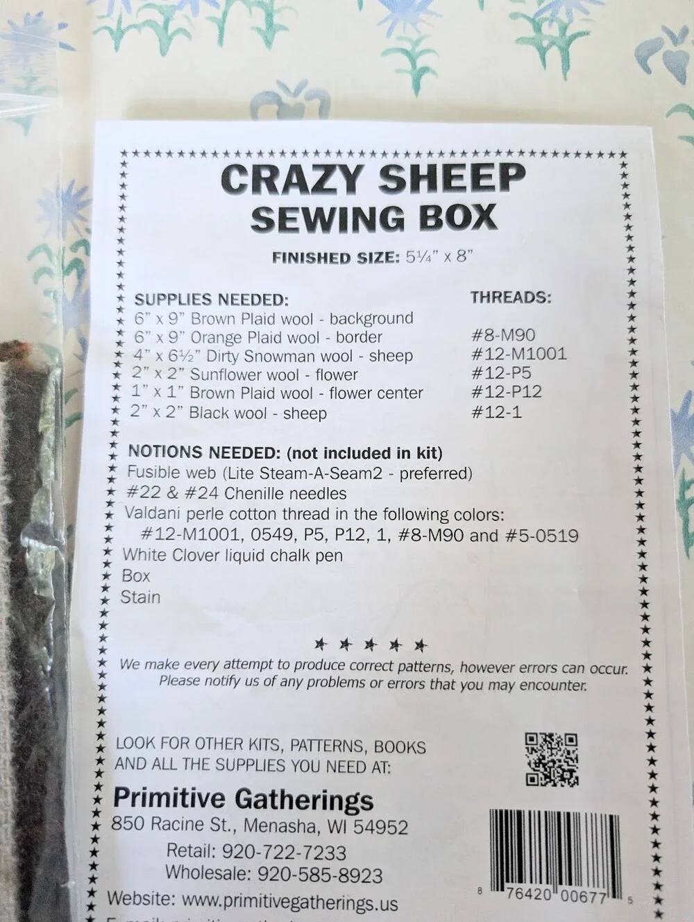 Primitive Gatherings Crazy Sheep Sewing Box Kit NEW Wool Applique Embroidery DIY